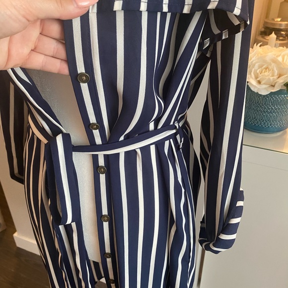 Navy blue striped button up duster jacket - Picture 2 of 8